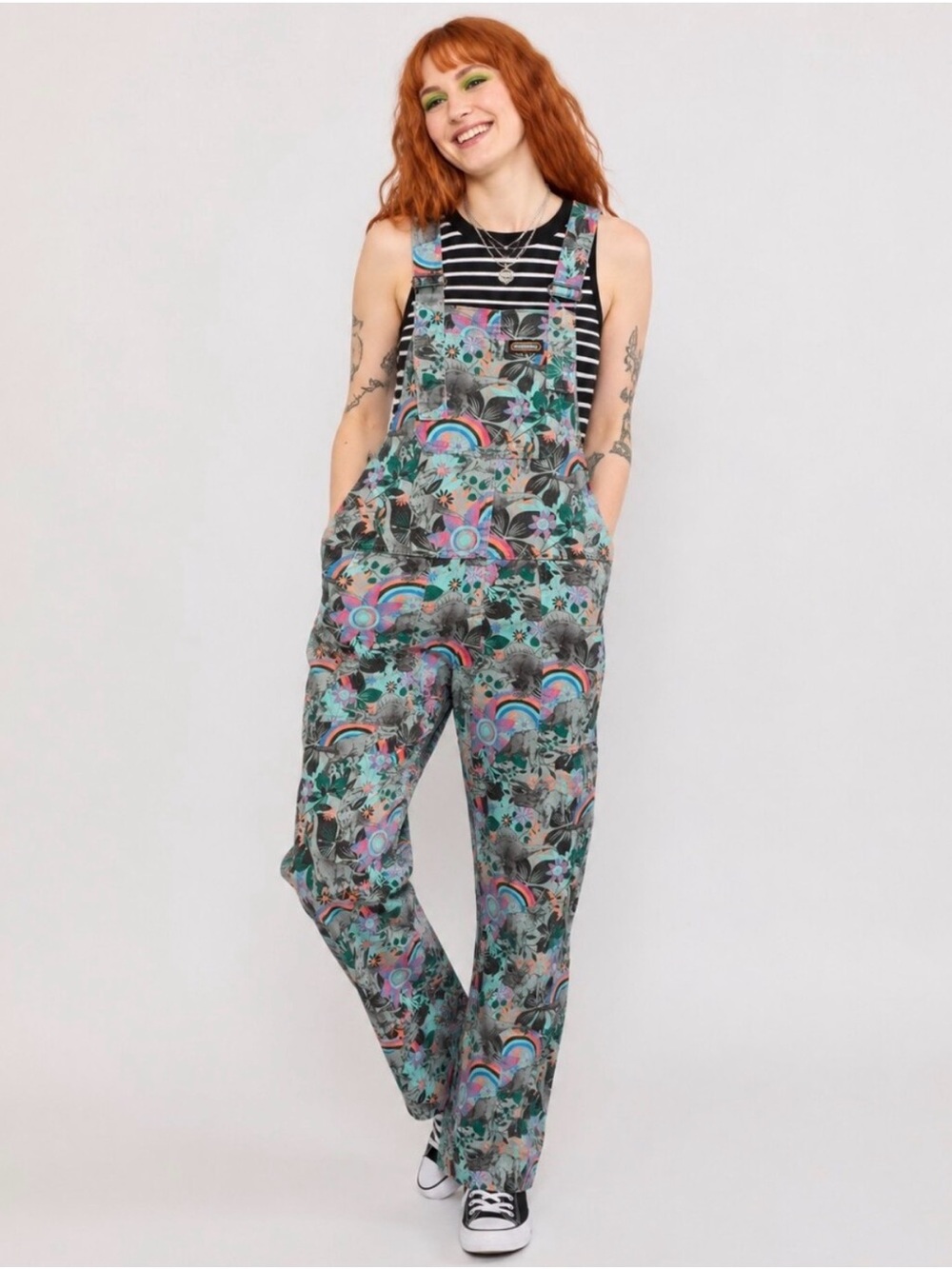 Run & Fly Jurassic Dinosaur Twill Dungarees Overalls Rainbow Floral Print